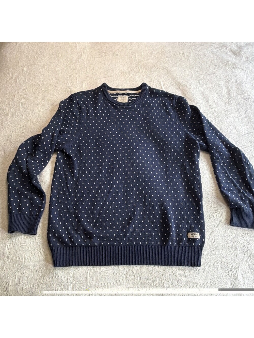 Vans Men’s L Blue/White Polka Dot Knit Crewneck Pullover Sweater Logo MPN